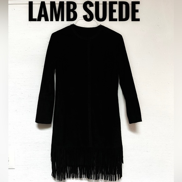 Ellie Tahari Lamb Suede Black Fringed Jacket - Picture 2 of 15